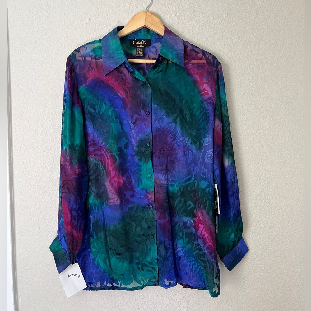 Corey B. Silk Button Down Blouse Shirt Women Medium Colorful Long Sleeve New